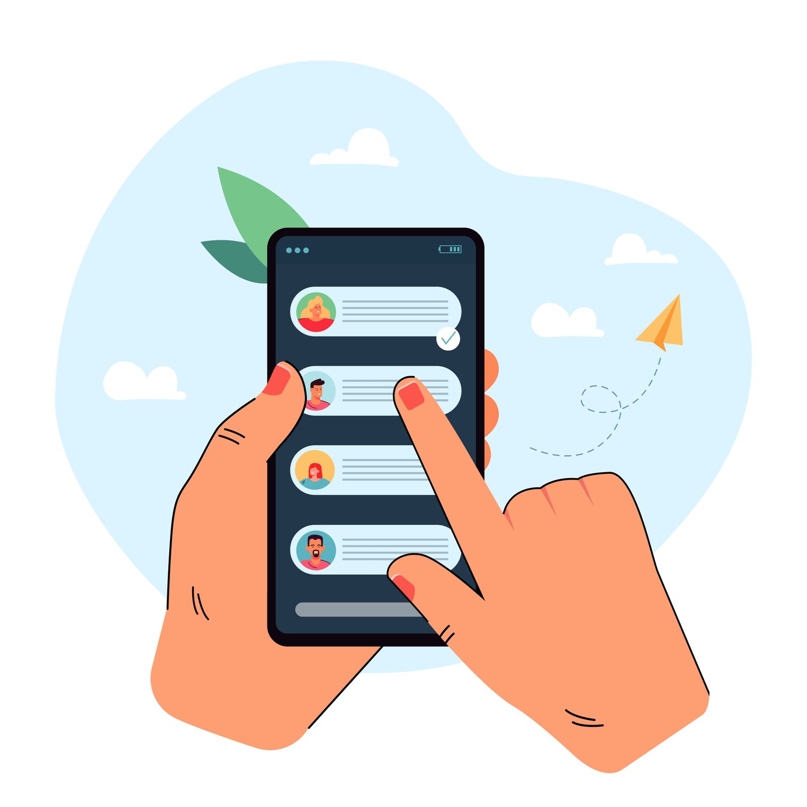 Hand holding mobile phone with chat messages on screen scaled